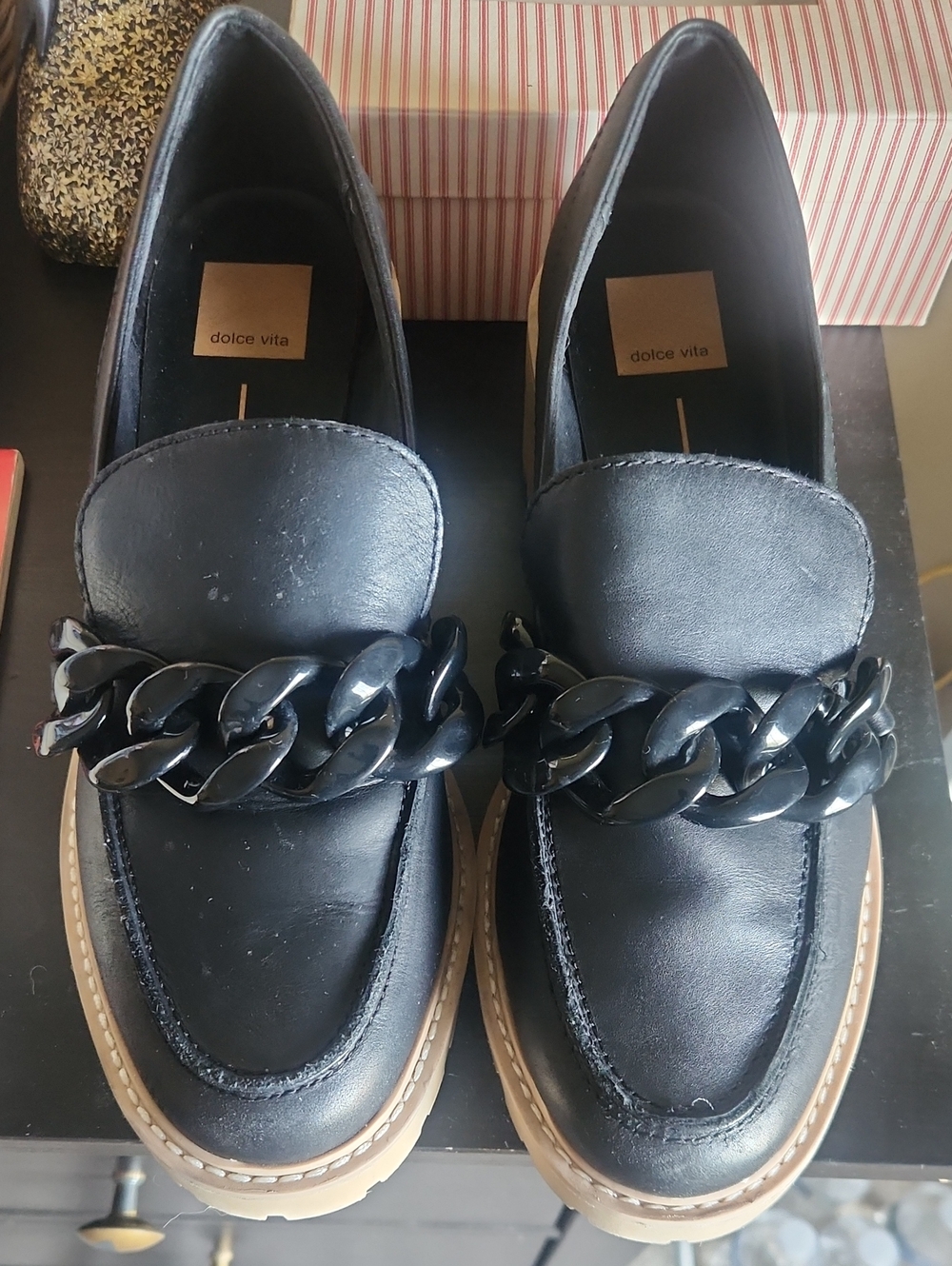 Dolce Vita Black Chain-Trim Slip-On Loafers
